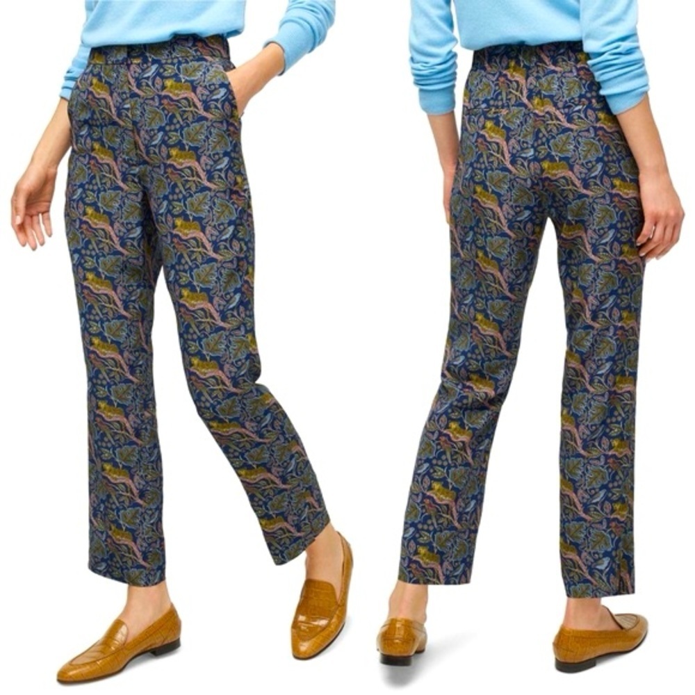 J CREW Botanical Cheetah Foulard Easy Silk Pants Navy Leopard 2